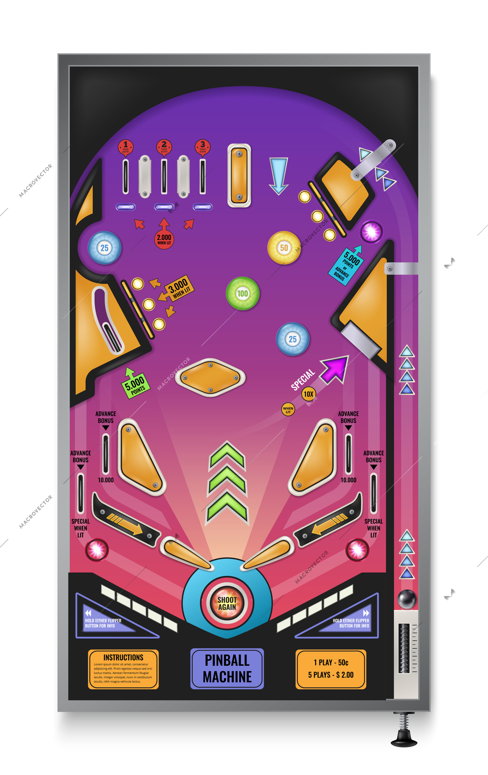 Classic pinball machine realistic top view with steel ball plunger flashing lights play field obstacles vector illustration