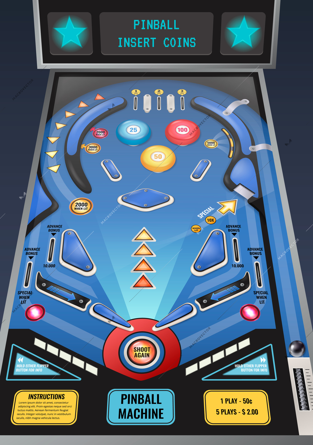 Pinball slot machine waiting for coins realistic composition with flashing lights and shoot again button vector illustration