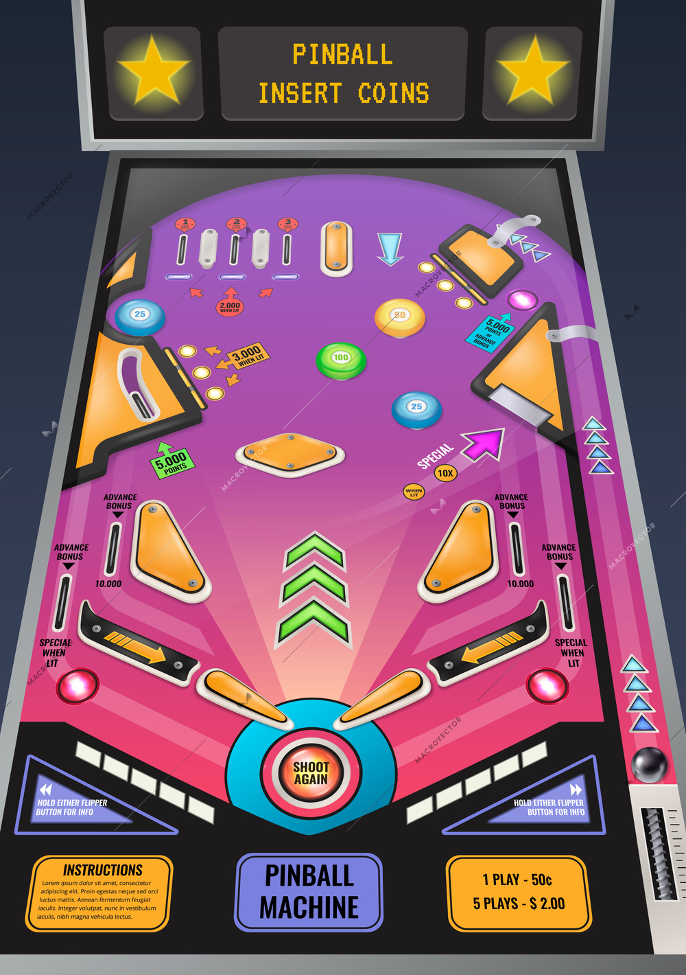 Pinball machine ready to play game realistic composition with flashing lights and insert coins message vector illustration