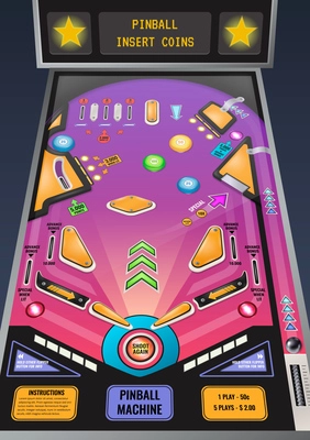 Pinball machine ready to play game realistic composition with flashing lights and insert coins message vector illustration