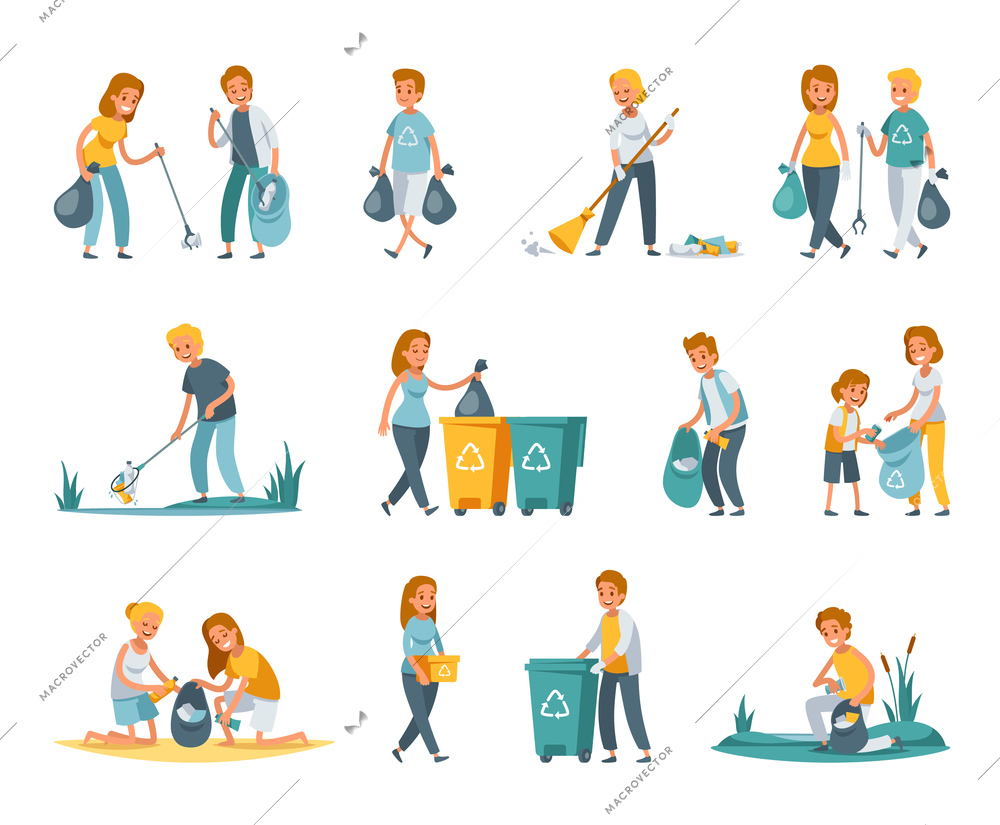 Garbage collection sorting recycling flat set with people picking up litter rubbish outdoor cleaning nature vector illustration