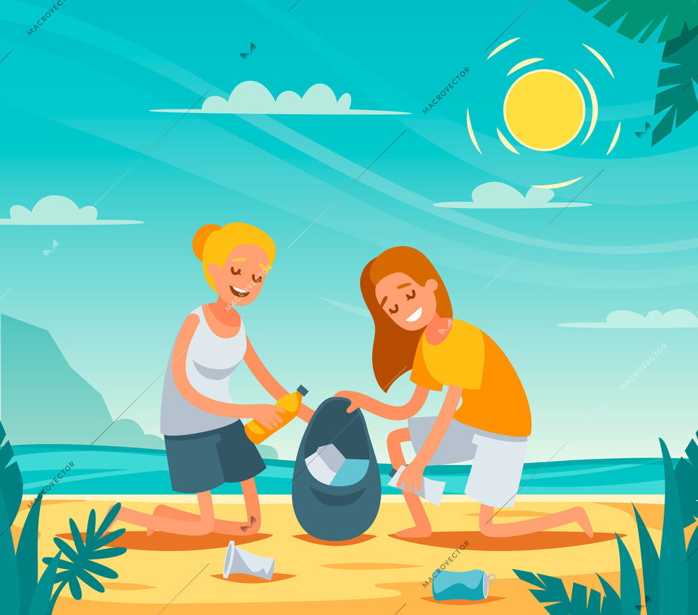 Beach cleanup flat composition with volunteers collecting washed up rubbish bottles drinking beakers plastic junk vector illustration