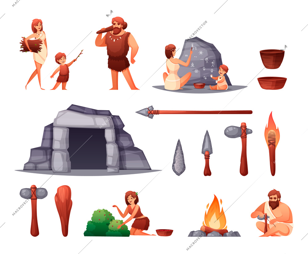 Prehistoric stone age caveman family home rock paintings open fire weapon tools flat set isolated vector illustration