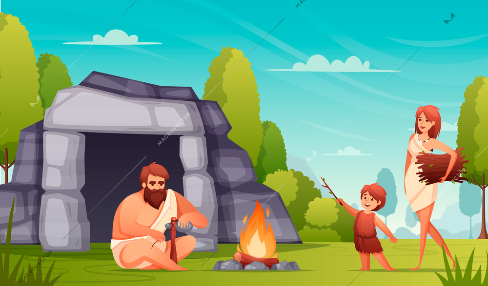 Stone age prehistoric people life flat composition with caveman family making tools keeping fire burning vector illustration