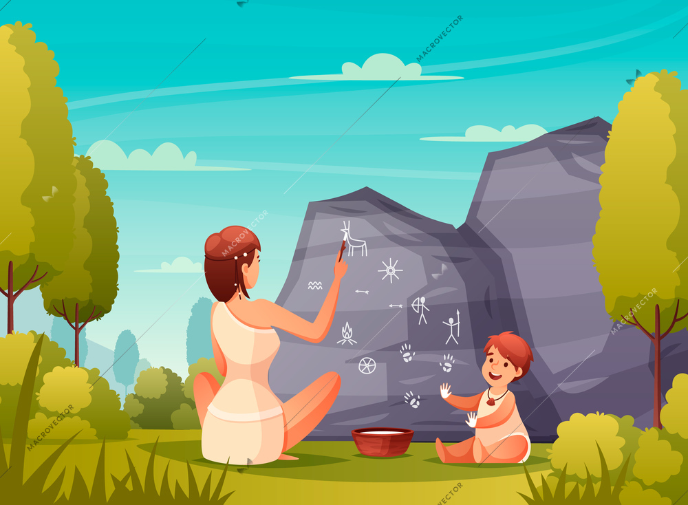 Prehistoric people rock art flat composition with caveman woman and kid painting on cave wall vector illustration