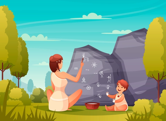 Prehistoric people rock art flat composition with caveman woman and kid painting on cave wall vector illustration