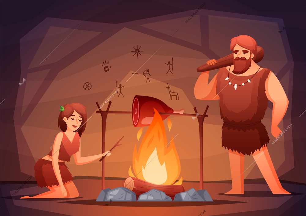Stone age prehistoric home interior flat composition with caveman family cooking meat over open fire vector illustration