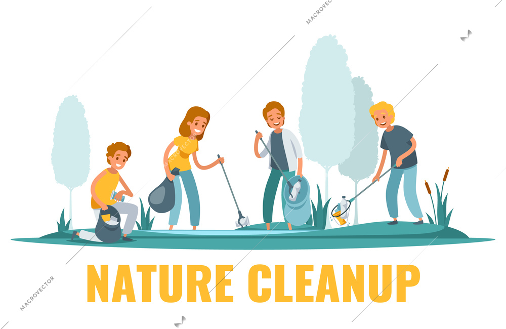 Nature cleanup flat composition with group volunteers picking up litter bottles plastic packaging trash outdoor vector illustration