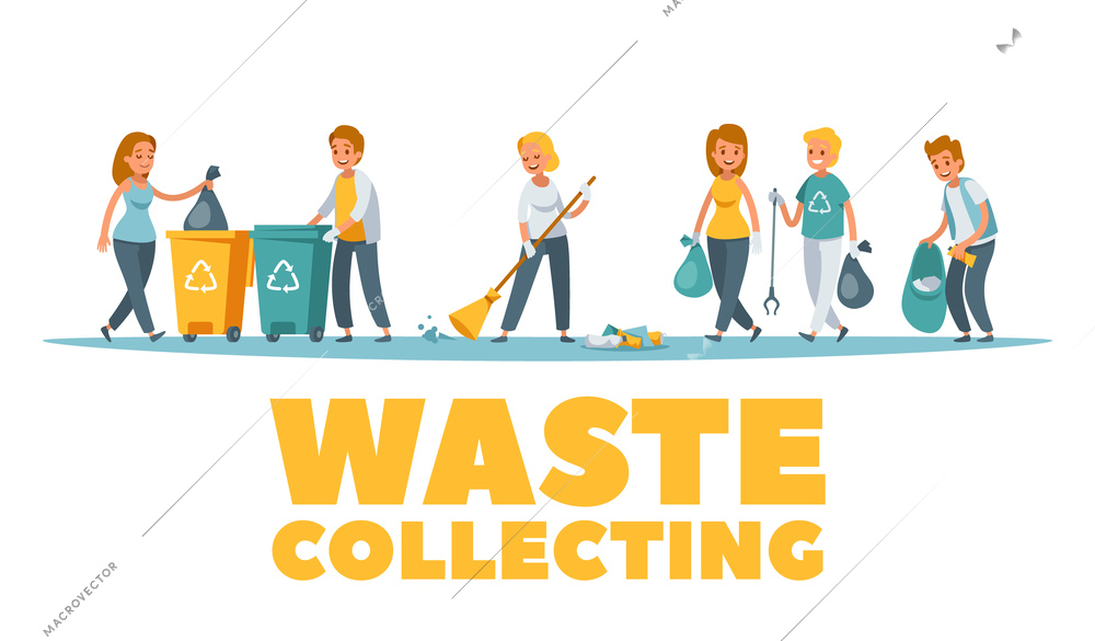 Garbage collecting flat horizontal composition banner with volunteers cleaning streets sorting recyclable waste in bins vector illustration