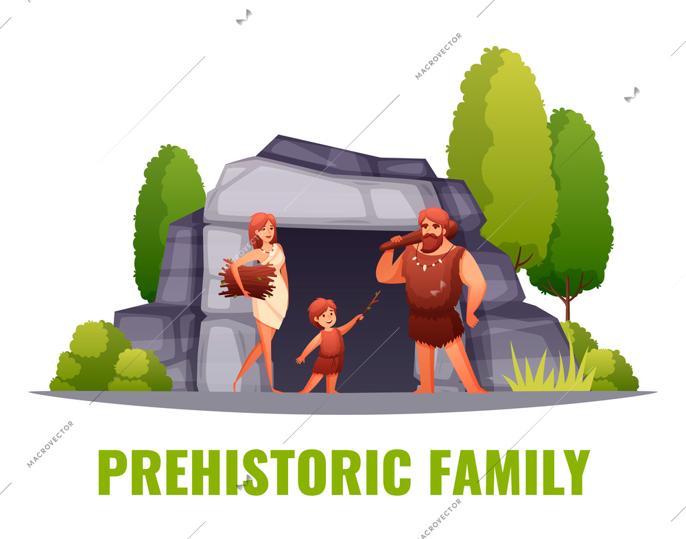 Prehistoric people family in front of cave entrance with weapon firewood and playing kid flat vector illustration