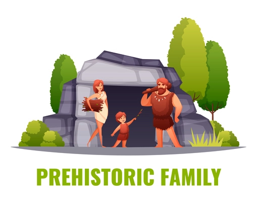 Prehistoric people family in front of cave entrance with weapon firewood and playing kid flat vector illustration