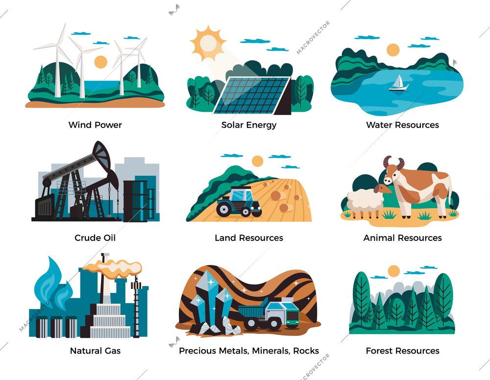 Natural environmental resources set with wind power and solar energy symbols flat isolated vector illustration