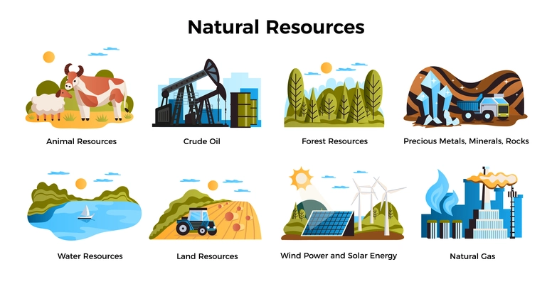 Natural resources set with land and water resources symbols flat isolated vector illustration
