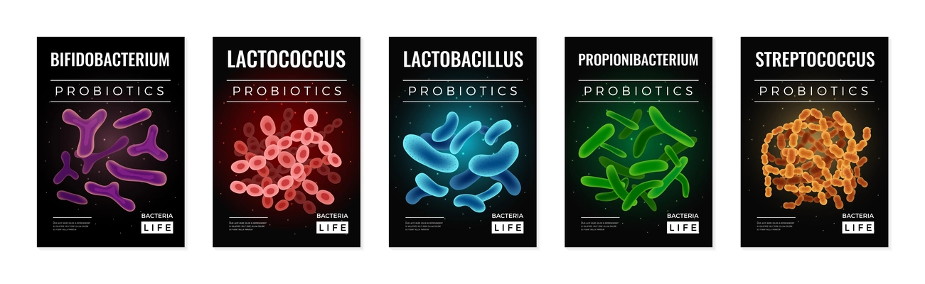 Probiotics and health vertical banners set with bacteria symbols flat isolated vector illustration