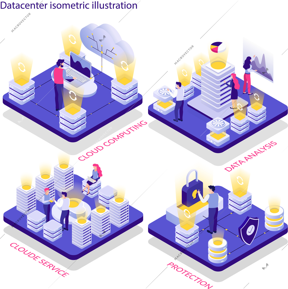 Data center concept 4 isometric compositions with cloud computing service data analysis and protection isolated vector illustration