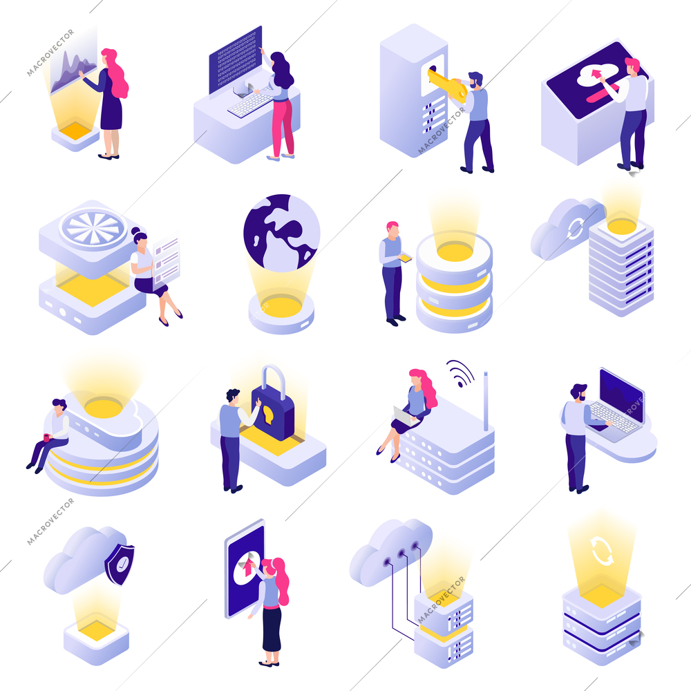 Datacenter isometric icons collection with cloud data storage processing analysis worldwide access security white background vector illustration