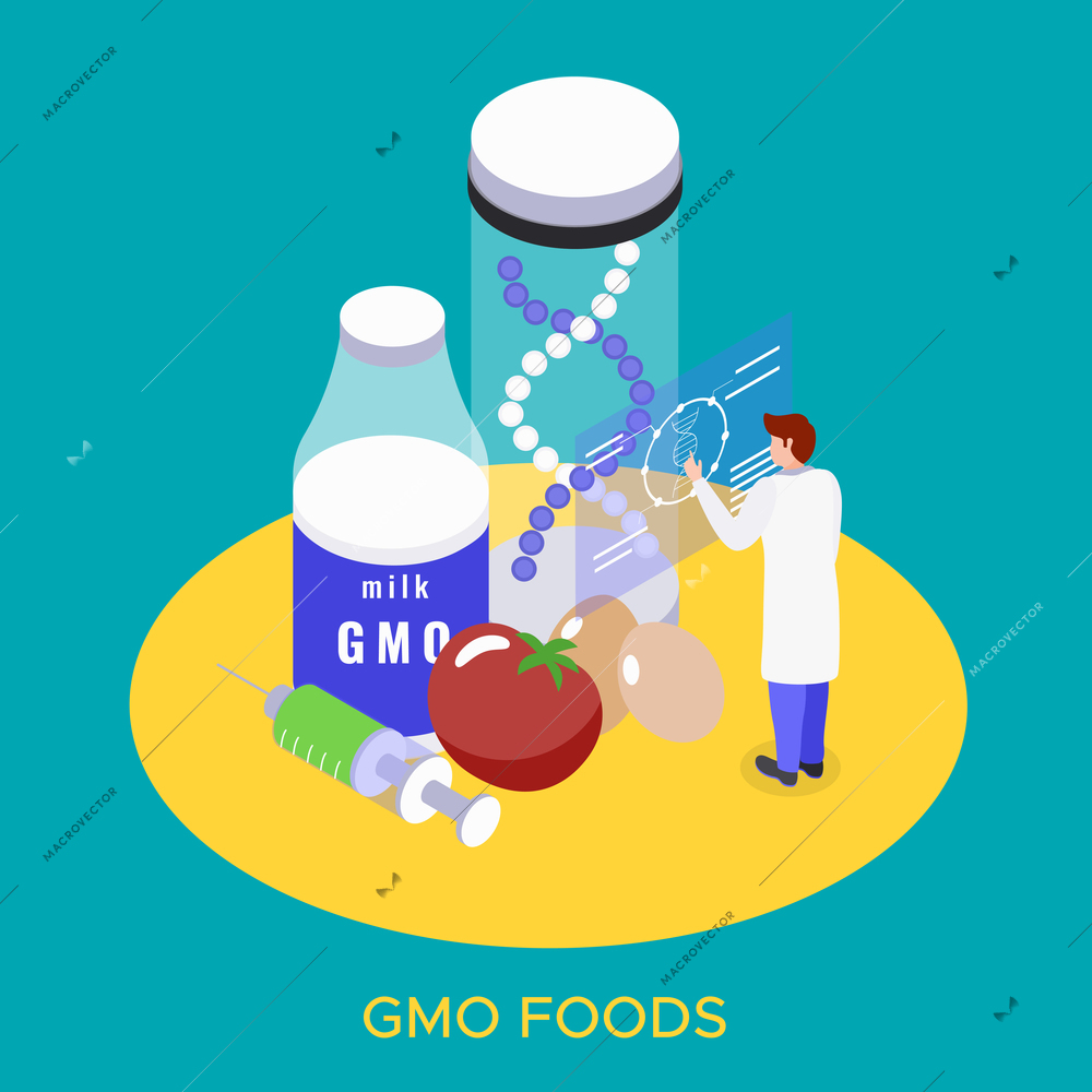 Bio engineering gmo products research lab isometric composition with genetically modified food milk eggs background vector illustration