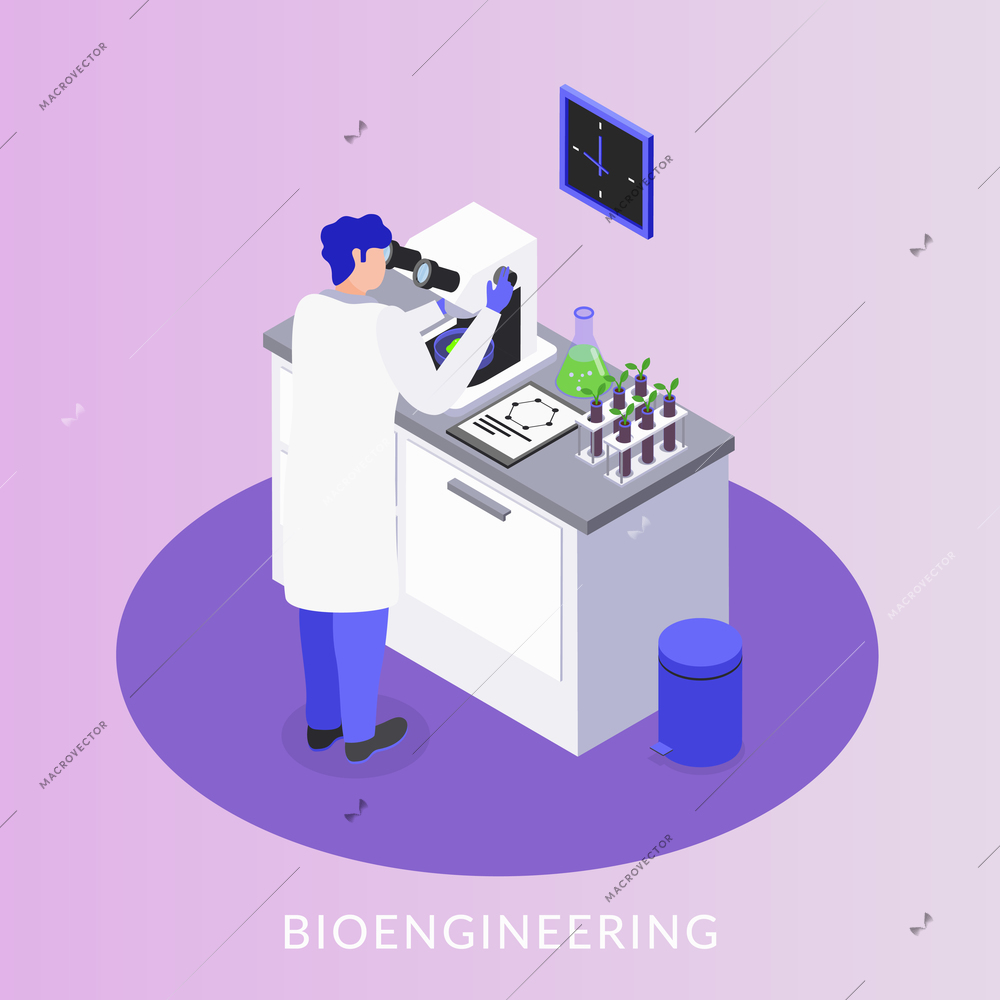 Bio engineering laboratory assistant controlling gmo production isometric composition with electron microscope test tubes samples vector illustration