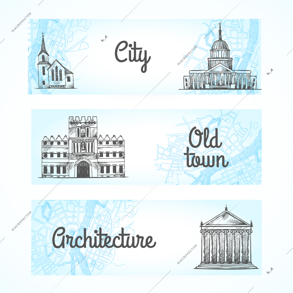 Set of sketch grunge banners with old doodle government museum theater buildings in hand drawn style vector illustration