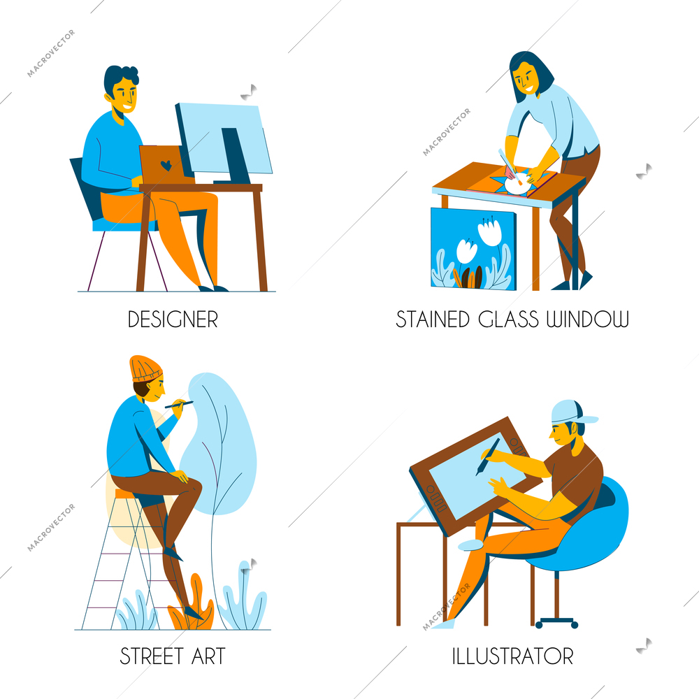 Creative professions 2x2 design concept with designer illustrator artist flat isolated vector illustration