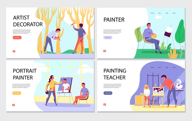 Flat set of horizontal creative professions banners with painter decorator teacher isolated vector illustration