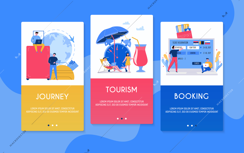 Colorful vertical tourism banners set with tourists tickets passport luggage flat isolated vector illustration