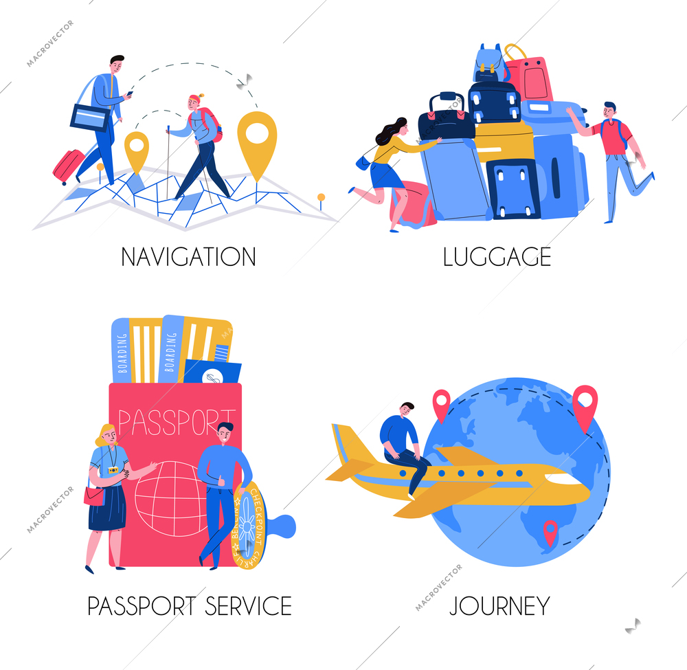 Tourism 2x2 design concept with tourists luggage passport service compositions flat isolated vector illustration