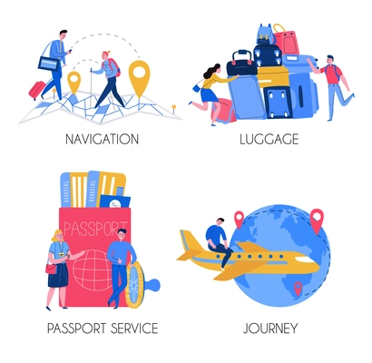 Tourism 2x2 design concept with tourists luggage passport service compositions flat isolated vector illustration