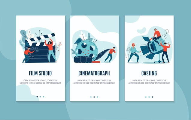 Flat set of three vertical cinema banners with film studio and actor casting isolated vector illustration