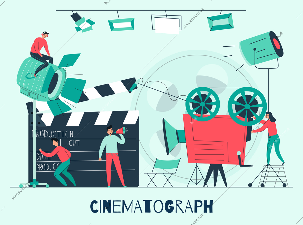 Cinema composition with film studio and shooting team at work flat vector illustration