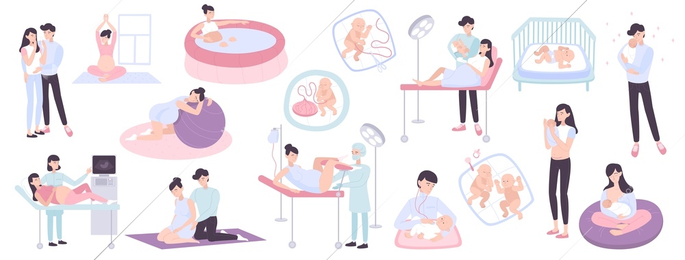Flat collection of pregnancy childbirth and maternity scenes with young parents doctors and newborn children isolated vector illustration