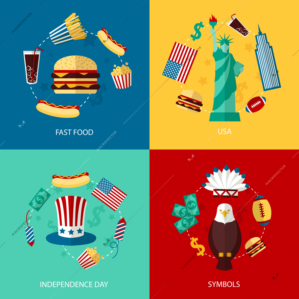 Business concept flat icons set of USA landmarks and fast food independence day symbols infographic design elements vector illustration