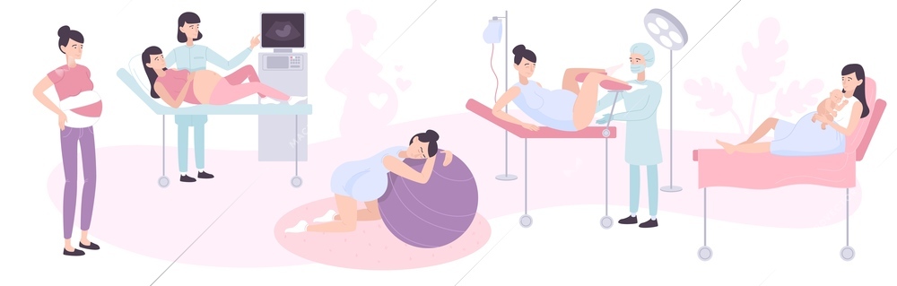 Childbirth and maternity design concept with medical staff examining pregnant women and delivering babies in hospital flat vector illustration