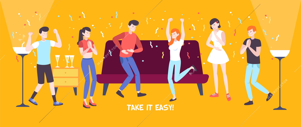 Take it easy flat composition with group of happy dancing people in home interior flat vector illustration