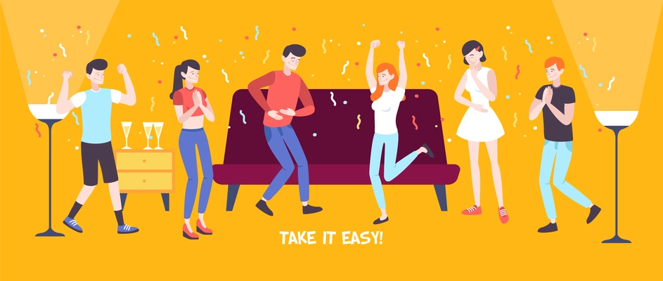 Take it easy flat composition with group of happy dancing people in home interior flat vector illustration
