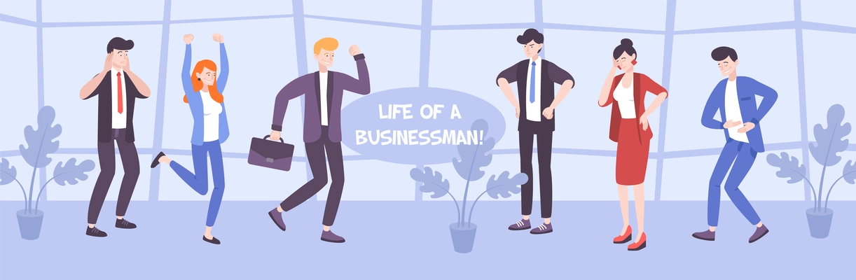 Businessmen life flat illustration with office people in various poses expressing different feelings and emotions vector illustration