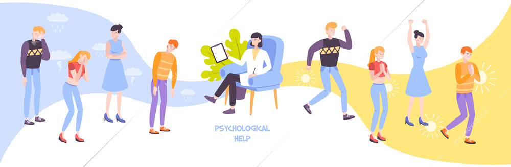 Psychological help flat composition with psychologist and group of people experiencing negative or positive emotions through gestures vector illustration