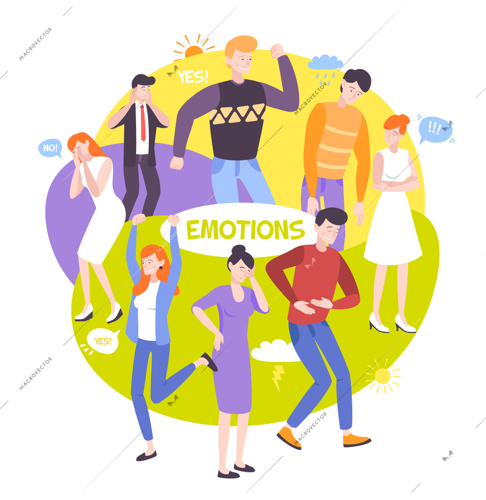 People emotions colorful round composition with human characters showing their emotions through body poses and gestures flat vector illustration