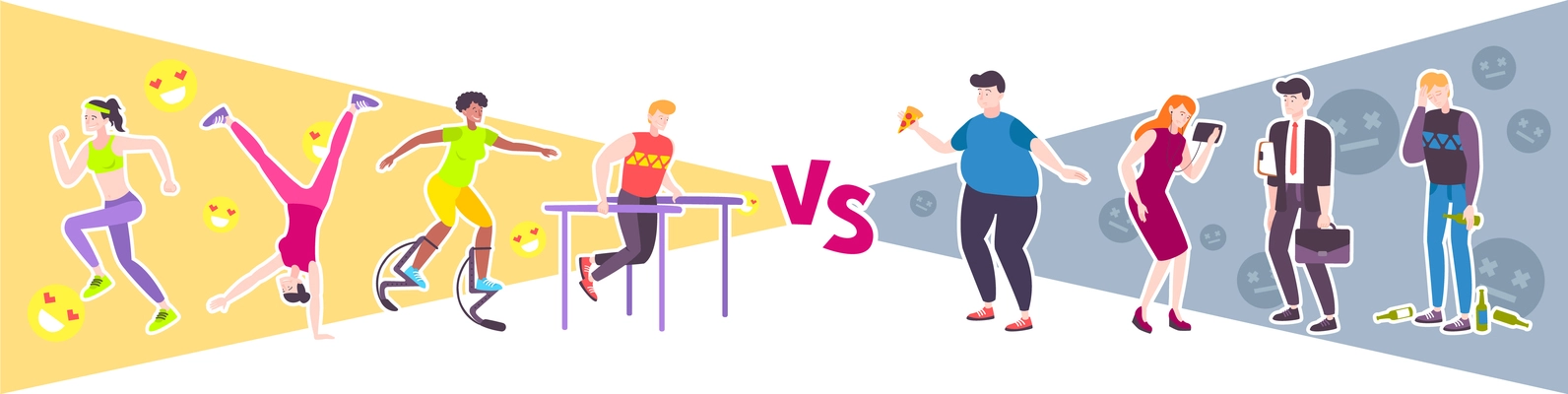 Sport vs lazy design concept with people leading unhealthy lifestyle and group of athletes engaged in workout flat vector illustration