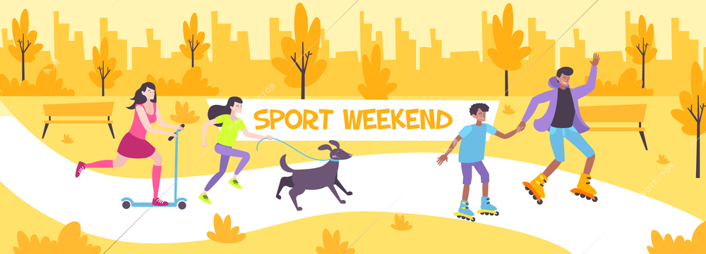 Sport weekend flat composition with family walking in city park with pet and skating on roller skates vector illustration