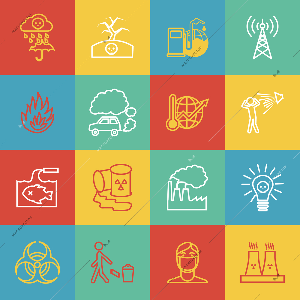 Pollution toxic environment damage radioactive garbage and global warming outline icons isolated vector illustration