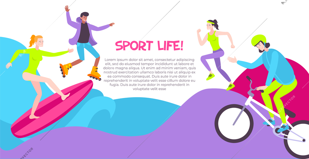 Street sport horizontal banner with people involved in rollerskating running surfing riding bicycle flat vector illustration