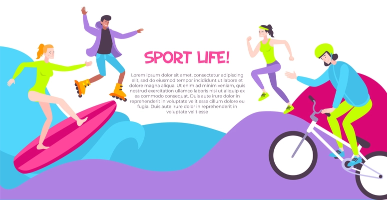 Street sport horizontal banner with people involved in rollerskating running surfing riding bicycle flat vector illustration