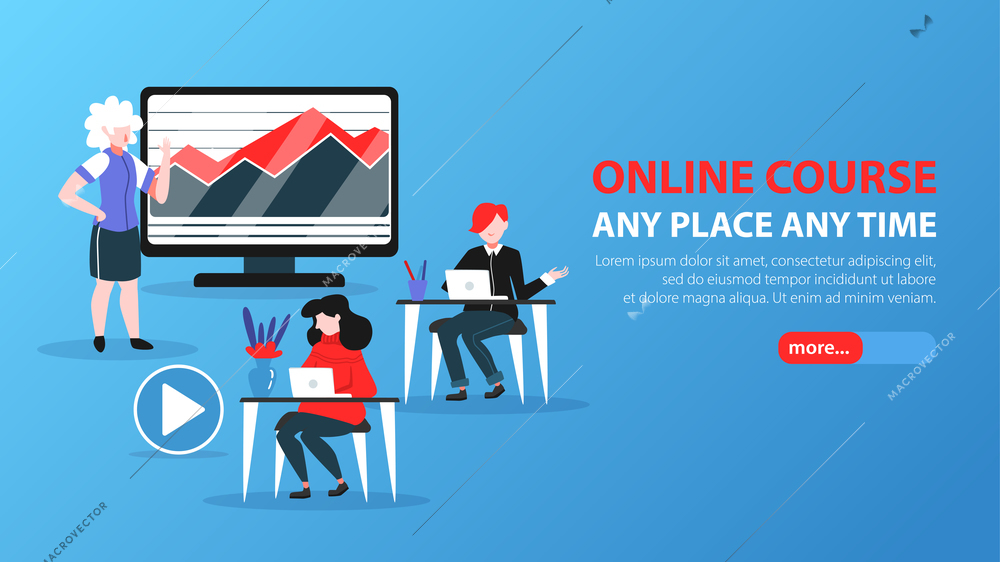 Online education horizontal banner for web site with slider more button editable text and doodle images vector illustration