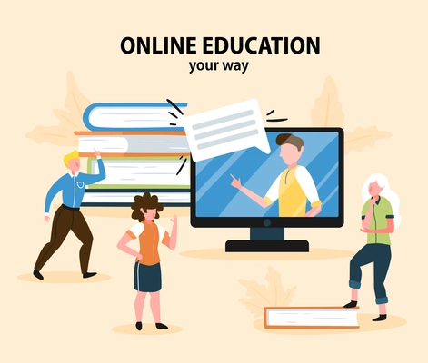 Online education background composition with doodle characters of young people with books and screen with teacher vector illustration