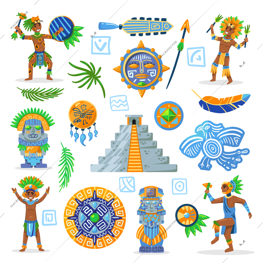 Set of maya civilization color images of tribal jewelry with characters of natives on blank background vector illustration