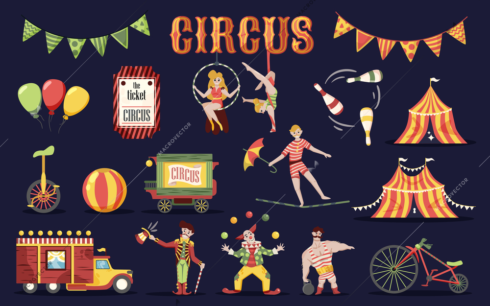 Circus retro vintage set of isolated doodle style images human characters of performers and professional equipment vector illustration