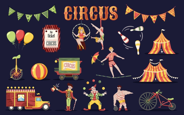 Circus retro vintage set of isolated doodle style images human characters of performers and professional equipment vector illustration