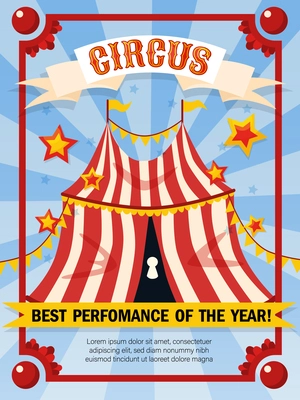 Circus poster with advertising background vintage style frames signs and big top booth with editable text vector illustration