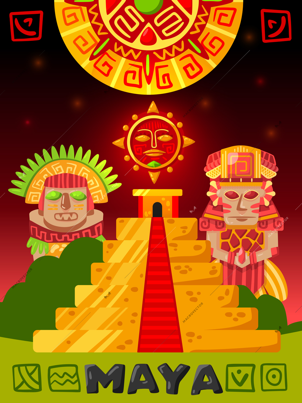 Maya civilization vertical poster with doodle images of mayan idols tribal clothes and golden pyramid building vector illustration